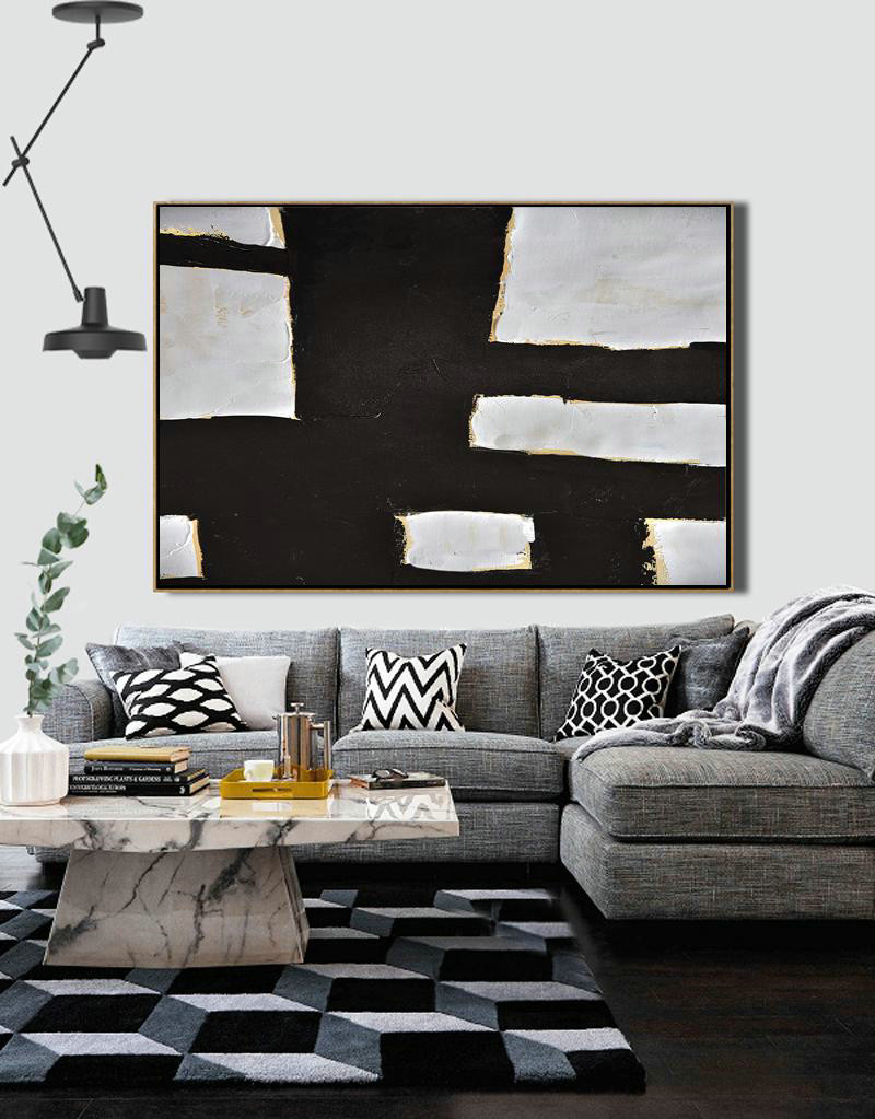 Abstract Art Decor,Contemporary Painting,Horizontal Palette Knife Minimal Canvas Art Painting Black White Beige,Hand Paint Large Art #S3A2